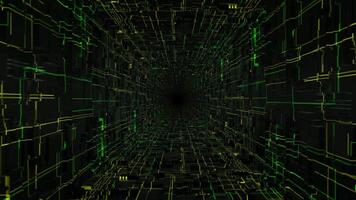 Futuristic background with flying through abstract technology tunnel with glowing green and yellow neon pattern on the walls. 3D animation of bright digital corridor with power signal lines. 4k 60fps video