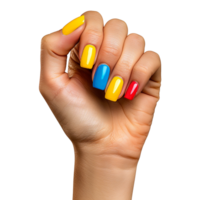 Female hand with colored nails raised hand isolated on transparent background png