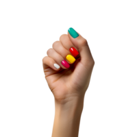 Female hand with colored nails raised hand isolated on transparent background png