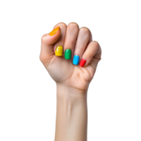 Female hand with colored nails raised hand isolated on transparent background png