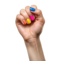 Female hand with colored nails raised hand isolated on transparent background png