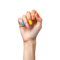 Female hand with colored nails raised hand isolated on transparent background png