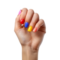 Female hand with colored nails raised hand isolated on transparent background png