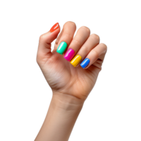 Female hand with colored nails raised hand isolated on transparent background png