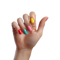 Female hand with colored nails raised hand isolated on transparent background png