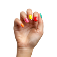 Female hand with colored nails raised hand isolated on transparent background png