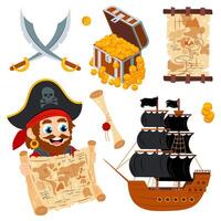Traveling, searching for treasure.Pirate with a map in search of treasure in a flat style on a white background. Set of illustrations of cards, ship, chest of gold. vector