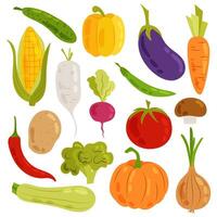 Healthy food. Set of different vegetables in flat style. Fresh vegetables on a white background. Illustrations of vegetables in hand drawn style. vector