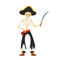 Skeleton of a pirate with a saber in a flat style on a white background. Cartoon kids pirate character. vector
