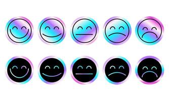 Emotional scale in the form of emoticons. Scale of emotions from excellent to terrible. A scale in the form of five human emotions with a holographic effect. Set of holographic emotions. vector