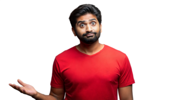 Man With Confused Expression In Red Shirt On Transparent Background png