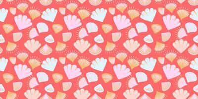 Abstract artistic shapes sea shells seamless pattern on a red background. Creative summer marine printing. hand drawing sketch. Template for designs, notebook cover, wrapping paper, exotic wallpaper vector