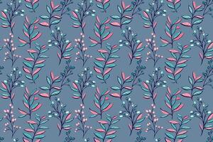 Abstract artistic shapes leaf stems, unique berries on branch on a turquoise background. Creative colorful botanical contemporary seamless print. hand drawing illustration. Designs vector