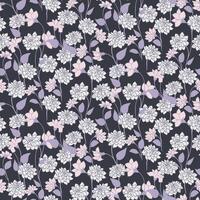 Monochrome blooming meadow seamless pattern on a dark grey background. Abstract artistic branches with wild flowers, small leaves, tiny buds printing. hand drawing sketch. Template for designs, vector