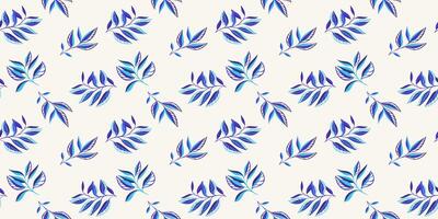 Blue abstract shape branches leaves scattered randomly on a seamless pattern. Creative tiny tropical leaf stems print on a light background. hand drawing sketch. Design for fashion, fabric vector
