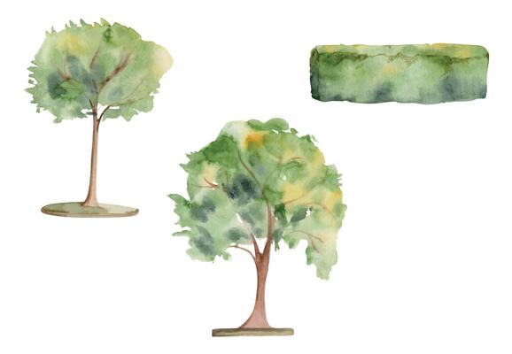 Nature botanical city town street urban planning, village garden space with trees green hedge. Watercolor hand drawn seamless banner. Tourist shops, souvenirs, travel brochures, architectural bureau