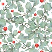 Eucalyptus laurel branches, leaves with red berries. Watercolor hand drawn illustration, seamless pattern isolated on white. Xmas, happy new year festive, noel navidad. Print paper, textile, fabric vector