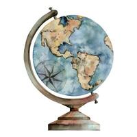 Old vintage globe with world map for navigation, orientation. Americas view. Watercolor hand drawn art of isolated object. Design for tourism, travel, brochure, wedding, guide, print, card, tattoo. vector