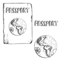 Multinational world passport id official document with gold letters and globe. ink hand drawn illustration of isolated object. Design for tourism, travel, brochure, guide, print, card, tattoo vector