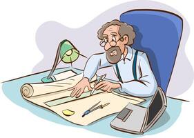 Architect working at desk in office designing building plan, illustration. vector