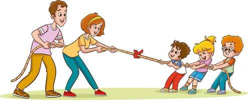 Teams Of Kids and Adults Characters Compete In Tug Of War By Pulling Opposite Ends Of A Rope, Testing Their Strength And Teamwork. Family Competition, Rivalry with Children and Parents vector