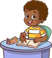 Cute little boy sitting at table, writing in notebook, doing homework at home vector