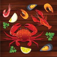 A crab and lemons are on a wooden table with a picture of crab and lemons background set seafood vector