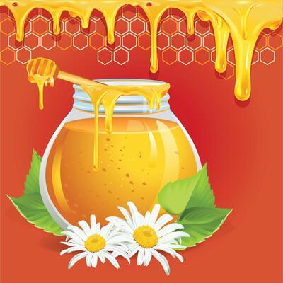 Honey in glass jar with white flower illustration