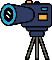 A camera with a tripod is shown in black and white vector