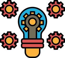 A black and white drawing of a light bulb with five gears surrounding it vector