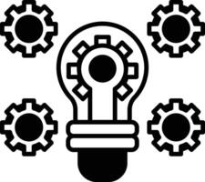 A black and white drawing of a light bulb with five gears surrounding it vector