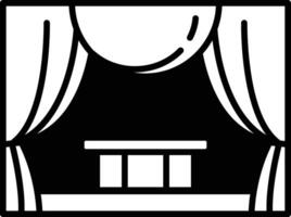 A black and white illustration of a stage with a curtain and a table vector