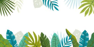 Rectangular tropical background with copy space. Summer concept. Jungle grunge textured various leaves. Flat illustration for backdrop, advertising, poster, social media vector