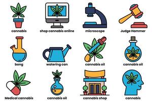 A set of icons for various cannabis-related items, including a judge hammer vector