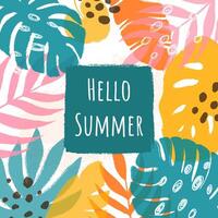 Summer square greeting card with palm and monstera leaves in hand drawn style and text. Grunge texture and overlay effect. Template for social media, banner, cover, poster. vector