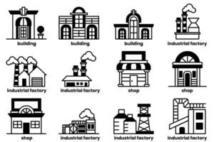The image is a collection of different buildings, including a factory, a shop vector
