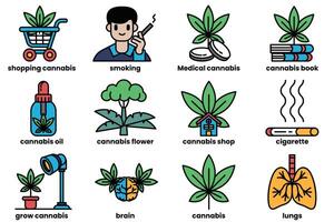 A set of icons for various cannabis-related items, including a judge hammer vector
