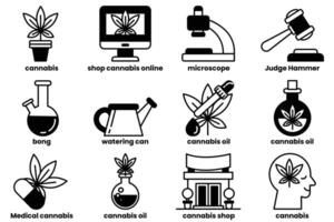 A set of icons for various cannabis-related items, including a judge hammer vector