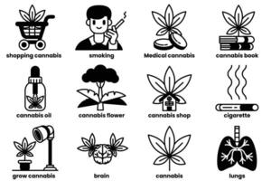 A set of icons for various cannabis-related items, including a judge hammer vector