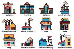 The image is a collection of different buildings, including a factory, a shop vector