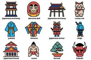 A collection of Japanese symbols and characters, including a lucky cat vector
