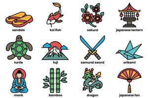 The image is a collection of various Asian symbols and objects vector