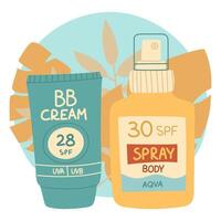 BB sunscreen and spray. Jars in a closed tube against of tropical leaves. Cosmetics. Face and body care products. The icon of the jar with Spf . A object in a flat style. An isolated object vector