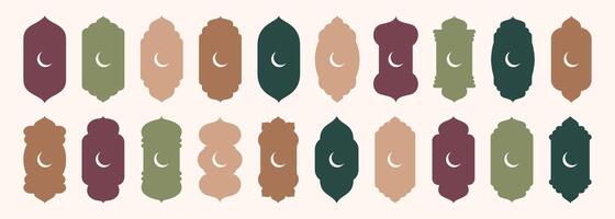 Shape Islamic door and window silhouette Arabic arch with crescent moon. Collection of patterns in oriental style. Frames in Arabic Muslim design for Ramadan Kareem. mosque gate isolated on vector