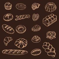 A set of illustrations with the image of baking, beige outline. The image is made manually using lines of different thicknesses. Contour illustration for baking in cafes, bakeries on brown vector