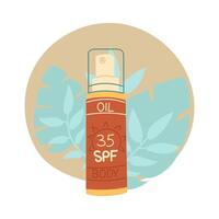 A jar of sunscreen. Spray body is in a closed the bottle. Cosmetics. Face and body care products. The icon of the Spf spray jar aqua. object in a flat style. Tropical leaves. An isolated object vector