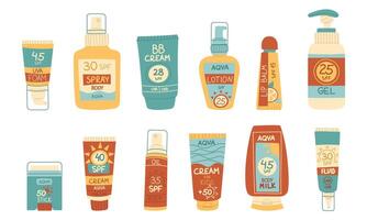 Bright set of cosmetics with SPF protection. Protection from sunlight. Products for the face, body and lips. Various bottles of cosmetics lotion, cream, spray, lipstick in different shapes of bottles vector