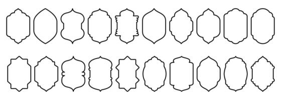 Shape Islamic door and window silhouette Arabic arch. Collection of patterns in oriental style. Frames in Arabic Muslim design for Ramadan Kareem. mosque gate stroke isolated on white vector