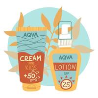 jar of sunscreen and lotion. Jars in a closed tube with a dispenser with tropical leaves. Cosmetics. Face and body care products. Several containers. A object in a flat style. Isolated object vector