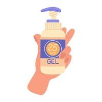 jar of sunscreen in your hand. The gel is in a closed tube with a dispenser. Cosmetics. Face and body care products. The icon of the Spf 25 gel jar. A object in a flat style. Isolated object vector